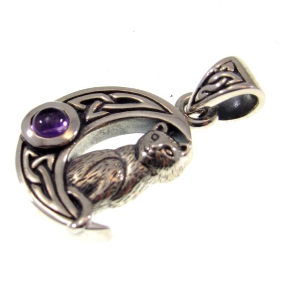 Solid 925 Sterling Silver Celtic Crescent Moon Cat Pendant Amethyst or Moonstone - Picture 10 of 11